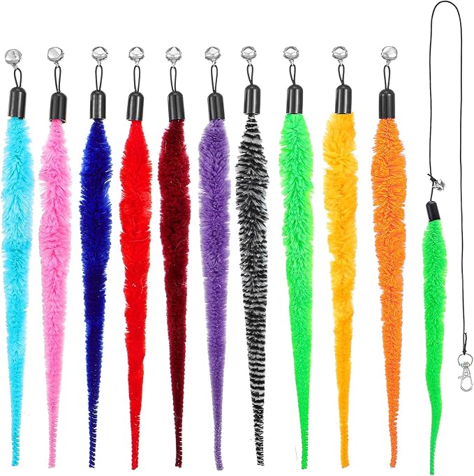Cat Worm Toy, 10 Pcs Fuzzy Cat Wand Attachment Toys Accessories Funny Interactive Cats Feather Toy with 1 Pcs Black String for Indoor Cats Kittens Pets Toys