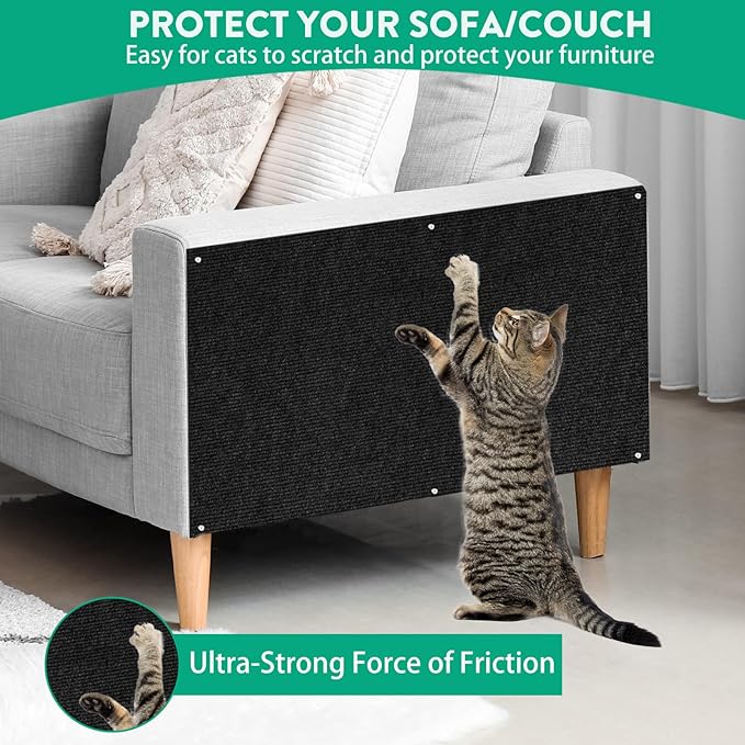 Cat Scratch Couch Furniture Protector, Trimmable Self-Adhesive Cat Scratch Carpet, DIY Climbing Cats Scratch Mat for Covering Cat Scratching Post and Wall & Door Protector from Cat Claws (Black)