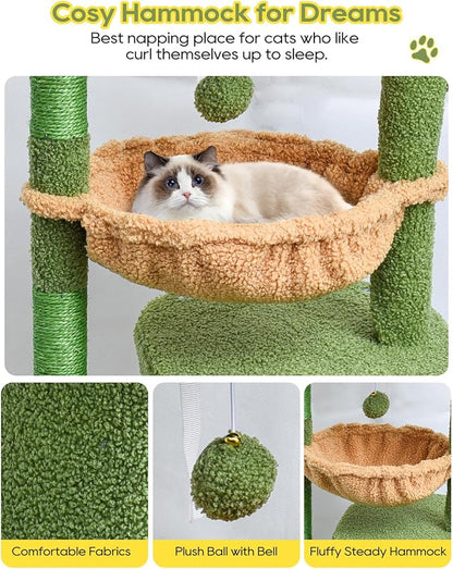SYANDLVY Cactus Cat Tree for Indoor Cats, Green Activity Cat Tower with Scratching Post for Kittens, Modern Cat Furniture with Basket & Hanging Ball for Play Rest