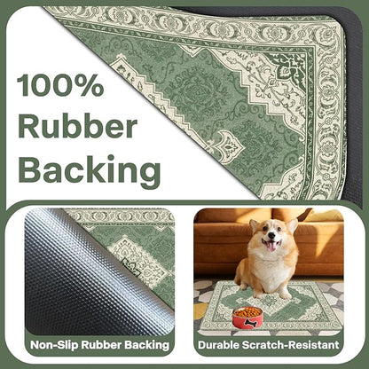 Pet Dog Cat Food Mat, Absorbent Dog Bowl Mats for Food and Water, Non Slip Boho Dogs Cat Placemats Feeding Mat for Floors Indoor Puppy Pet Accessories Supplies 16 * 24 inch, Retro Green