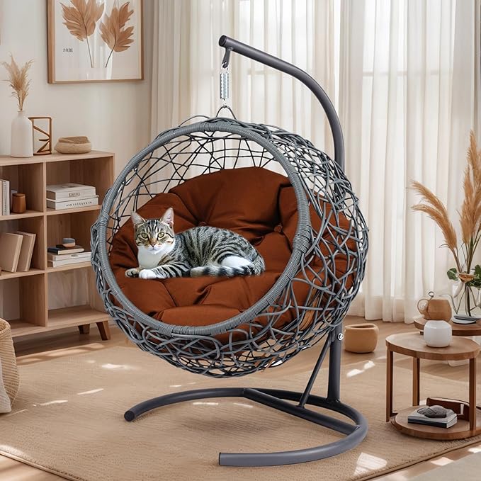 Cat Egg Chair with Stand & Cushion, Cat Swing Bed with Rattan Wicker Appearance, Hanging Chair for Indoor Cats Pet Kitten Puppy Small Dogs (Brown, 17.70 Inch)