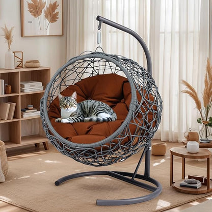 Cat Egg Chair with Stand & Cushion, Cat Swing Bed with Rattan Wicker Appearance, Hanging Chair for Indoor Cats Pet Kitten Puppy Small Dogs (Brown, 17.70 Inch)