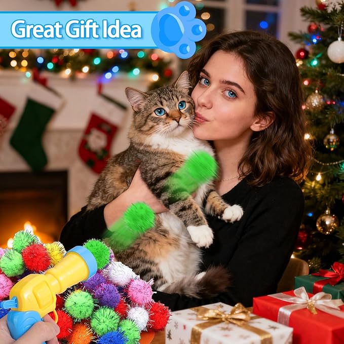 Mity rain 101PCS Cat Ball Launchers & Pom Pom Balls Interactive Cat Toy Set – Safe Soft Plush Kitten Toys for Indoor Cats, Fun Kitten Toys for Endless Active Play (Shining)