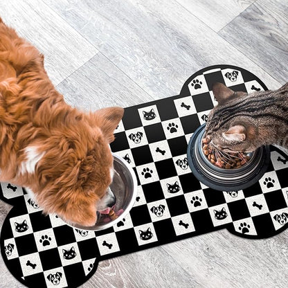Pet Dog Cat Food Mat, Absorbent Bone Shaped Dog Bowl Mats for Food and Water, Non Slip Cute Footprint Dogs Cat Placemats Feeding Mat for Floors Puppy Pet Accessories Supplies 16"x24" Black White