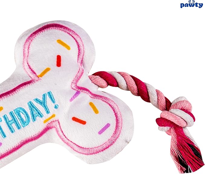 PAWTY Birthday Bone Dog Toy - Funny Interactive Tug Rope Squeaky Dog Birthday Gift - Plush Pink Bone Toy for Small Medium Dogs - Dog Birthday Party Supplies