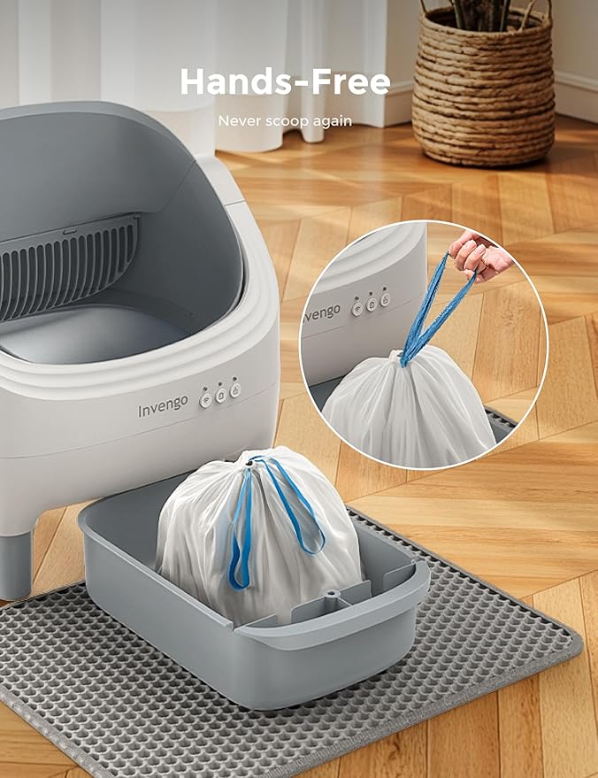 Automatic Cat Litter Box Self Cleaning, App Control, Open-Top Automatic Litter Box with Safety Sensors, Ultra-Quiet, 10.5L Waste Bin with Odor Control, 2 Rolls of Garbage Bags, Grey White