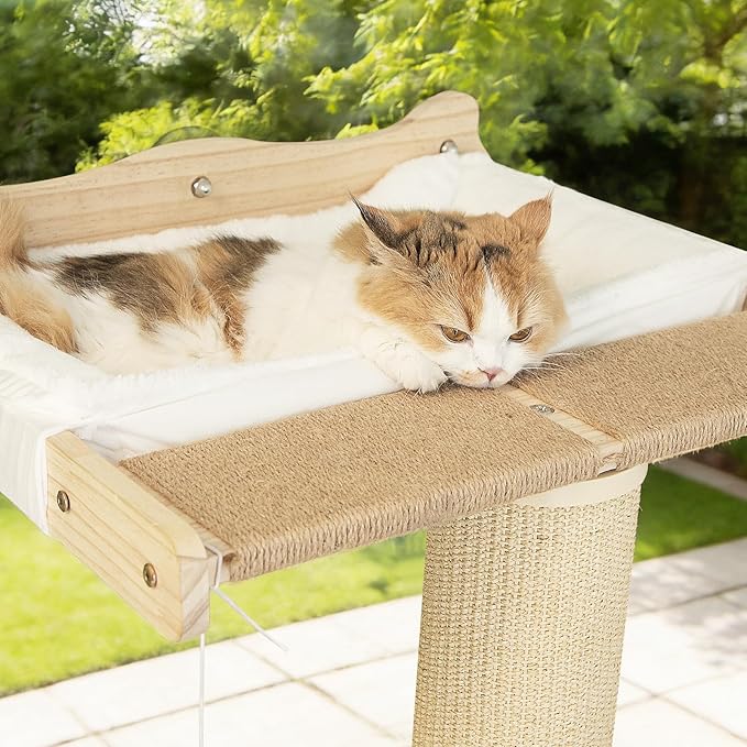 54.3" Cat Window Perch with 3 Adjustable Roman Column Sisal Posts, White Rabbit Fleece Cushions, Drill-Free Suction Cups, Multi-Level Climbing Perch, 60 lbs Capacity