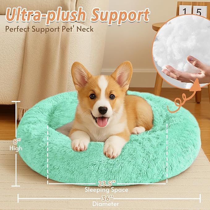 JOLLYVOGUE Calming Dog Beds Large Sized Dog, 36in Donut Washable Large Pet Bed, Anti-Slip & Anti-Anxiety Fluffy Faux Fur Round Dogs Bed, Fits up to 80 lbs Pets (Mint Green)
