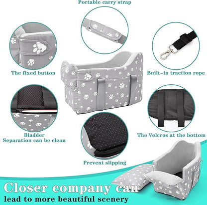 Cullaby Center Console Dog Car Booster Seat for Small Dogs 0-15 lbs - Grey Pet Travel Carrier Safety Leash, Detachable Seat Belt & Storage Pockets