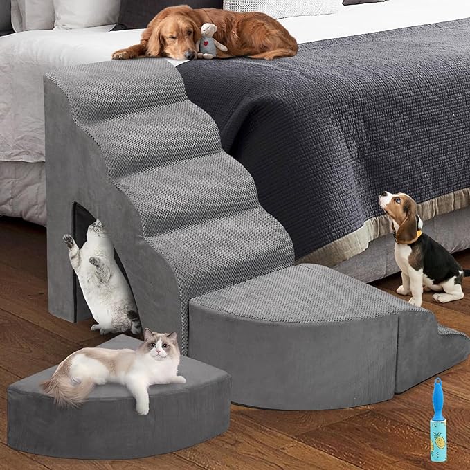 Dog Stairs for High Beds up to 32" H, A.FATI 6 Step Pet Ramp with Machine Washable Cover, Non-Slip Dog Steps for Bed for Small/Medium/Old Dogs, 30D Foam Pet Stairs