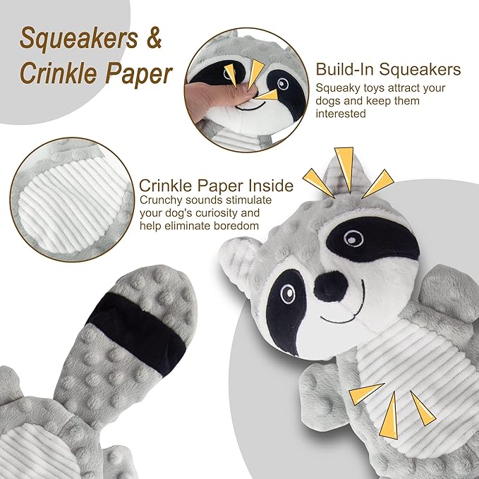 No Stuffing Squeaky Dog Toys Plush Chew Toy for Small Medium Puppy Large Breed, Stuffless Cute Animal Plush Toy for Indoor Play, Tough Durable Teething Interactive Gift, Raccoon,Gray