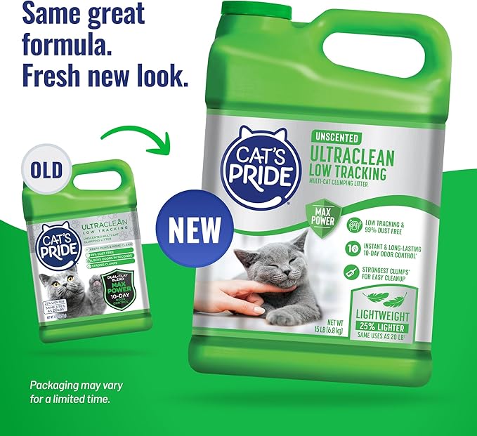 Cat's Pride Max Power: UltraClean Low Tracking Multi-Cat Clumping Litter - Keeps Paws & Home Clean - Up to 10 Days of Powerful Odor Control - 99% Dust Free - Unscented, 15 Pounds