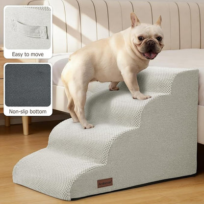 Dog Steps for Bed and Couch,4-Step Dog Stairs and Ramp for Small Dogs & Cats,Indoor Anti-Slip Pet Stairs for Old Cats and Puppy,Light Grey