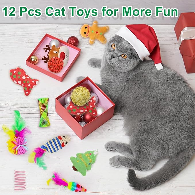 12Pcs Christmas Stocking Cat Toys, Xmas Cat Toys Set with Catnip Plush Toy, Mice Feather Toys, Cat Wand, Pet Supplies for Kitten Toys Interactive Play Indoor Cats Christmas Decorations