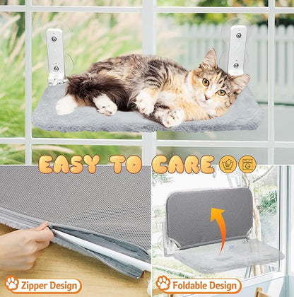 Cat Window Perch, Cordless Foldable Hammock Bed for Large Cat 2-in-1 Breathable & Plush Cushion Reversible Cover with 4 Large Suction Cup Solid Metal Frame Resting Seat Easy to Remove Indoor Grey