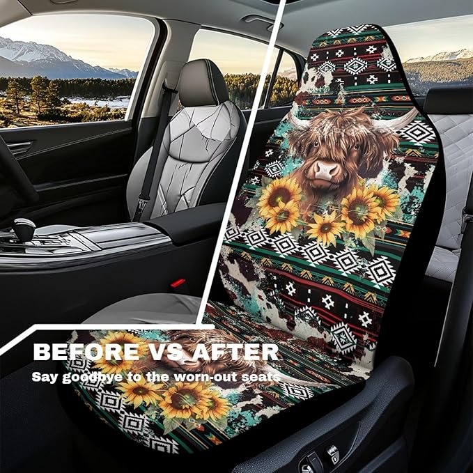 Car Seat Covers Waterproof Vintage Aztec Highland Cow Front Seat Covers Elastic Fabrics Easy Installation Protection Interior Accessories Suitable for Cars, SUV and Trucks