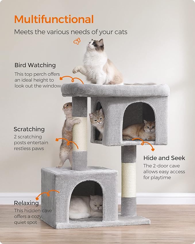 Feandrea Cat Tree, 40.6-Inch Cat Tower, Plush Condo for Extra Large Cats up to 44 lb, Large Perch, 2 Caves, Scratching Post, Light Gray UPCT614W01