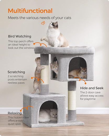 Feandrea Cat Tree, 40.6-Inch Cat Tower, Plush Condo for Extra Large Cats up to 44 lb, Large Perch, 2 Caves, Scratching Post, Light Gray UPCT614W01