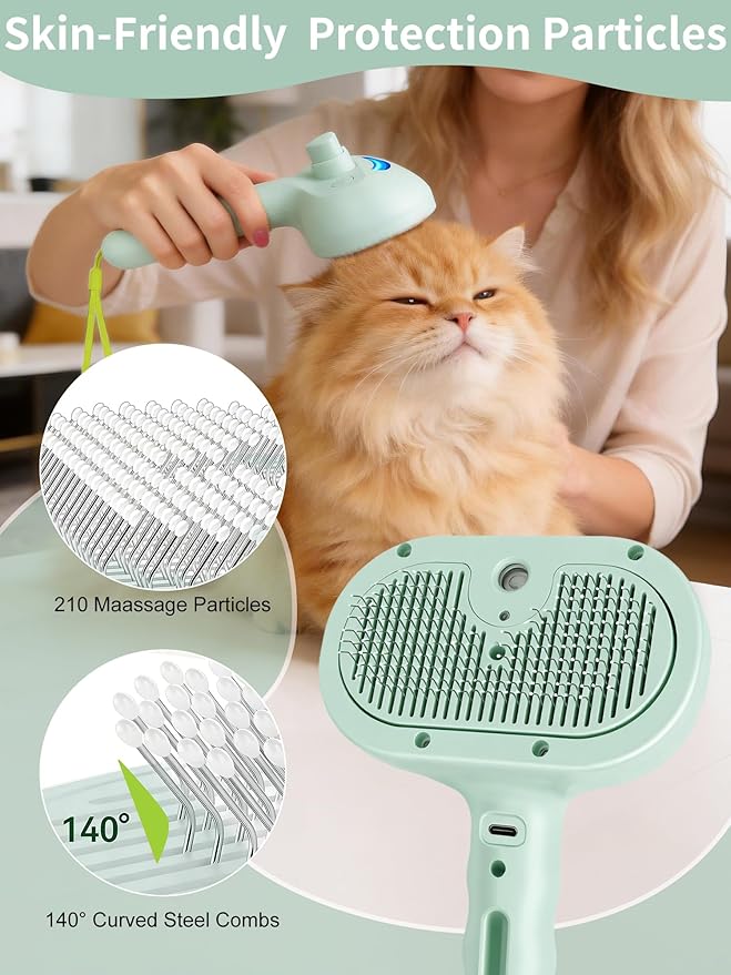 Dog Cat Steam Brush With UV Light, 3 in 1 Release Button Self-Cleaning Grooming Brush for Pets Cats Dogs, Hair Massaging Shedding for Small Animals Long Short Haired - Green
