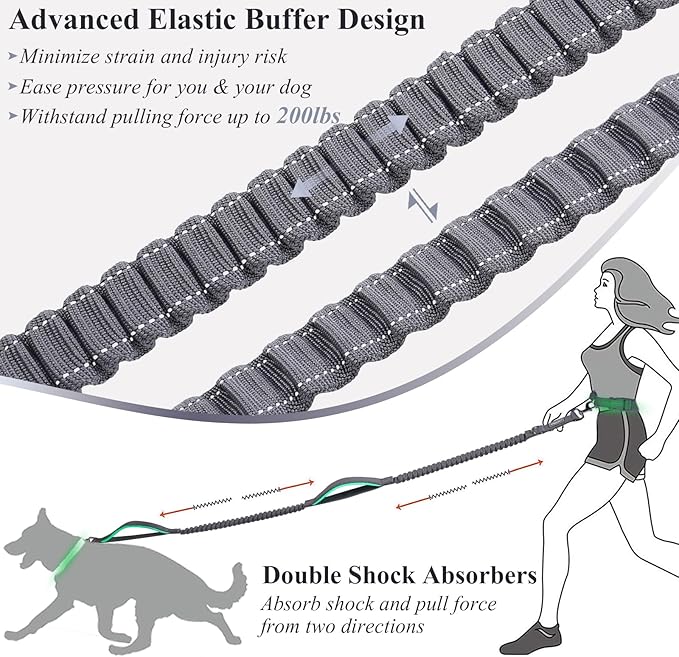 VIVAGLORY Hands Free Dog Leash Bungeetwin Running Dog Leash with Waist Belt for Running Walking & Jogging, Bungee & Around Waist for Pet, M, Grey/Turquoise