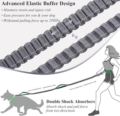 VIVAGLORY Hands Free Dog Leash Bungeetwin Running Dog Leash with Waist Belt for Running Walking & Jogging, Bungee & Around Waist for Pet, M, Grey/Turquoise