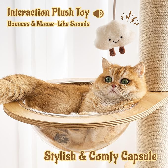 64.2" Modern Cat Tree for Indoor Cats, Solid Wood Cat Tower with Chunky Scratching Posts, 20" Roomy Condo, Cat Bed, Hammock, Capsule Nest, Interactive Squeaky Toy, Multi-Level Cat Furniture