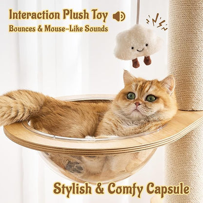 64.2" Modern Cat Tree for Indoor Cats, Solid Wood Cat Tower with Chunky Scratching Posts, 20" Roomy Condo, Cat Bed, Hammock, Capsule Nest, Interactive Squeaky Toy, Multi-Level Cat Furniture
