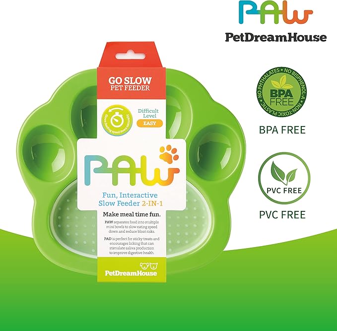 PetDreamHouse PAW 2-in-1 Mini Slow Feeder Dish & Lick Pad for Small Dogs & Cats, Paw-Shaped Slow Feeding Dish with an Interchangeable PAW Lick Pad.