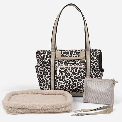 Cleverpup Transit Tote Dog Carrier for Small Dogs Under 8 lbs, 16x11x8 Soft-Sided 4-Pc Set with Waterproof Base, Plush Insert, Food Pouch, Mesh Head Opening - Small, Leopard