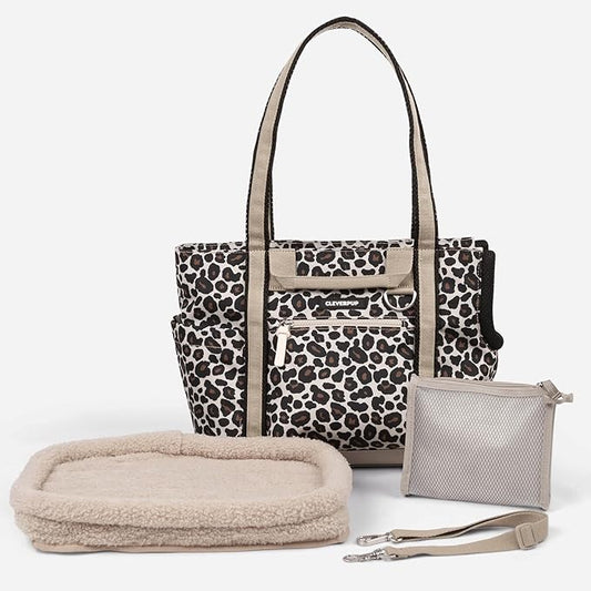 Cleverpup Transit Tote Dog Carrier for Small Dogs Under 8 lbs, 16x11x8 Soft-Sided 4-Pc Set with Waterproof Base, Plush Insert, Food Pouch, Mesh Head Opening - Small, Leopard