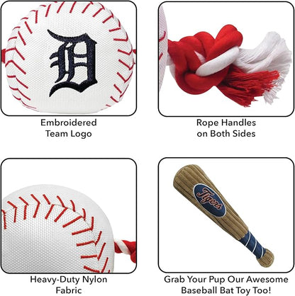MLB DETROIT TIGERS Baseball Rope Toy for DOGS & CATS. Tough nylon, Sporty Baseball Design, Heavy-duty ropes with Inner SQUEAKER