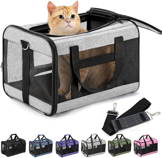 Cat Carrier Airline Approved, Soft-Sided Dog Carrier with Inner Safety Leash, Pet Transport Carrier for Small-Medium Cats Puppies up to 15 Lbs, Collapsible Travel Kitten Carrier Bag -Gray M