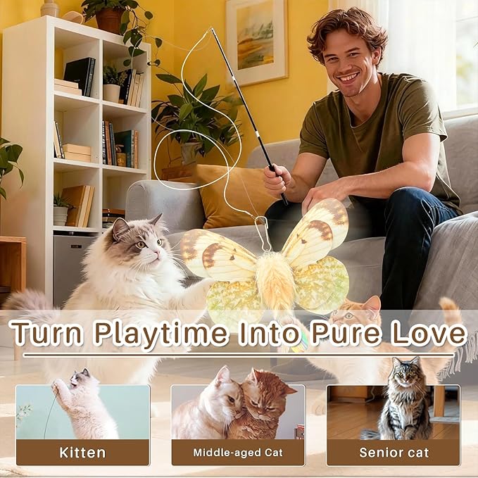 Walfront Interactive Cat Toy, Butterfly Teaser Wand, Retractable 3-Section Wand with 3 Replacement Butterfly Attachments, Indoor Play for Kittens & Adult Cats, Keeps Cats Active & Happy