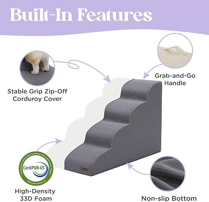 Lesure Dog Stairs for Small Dogs Pet Steps Ramp for High Bed and Couch with CertiPUR-US Certified Foam with Non-Slip Bottom, Grey, 4 Steps