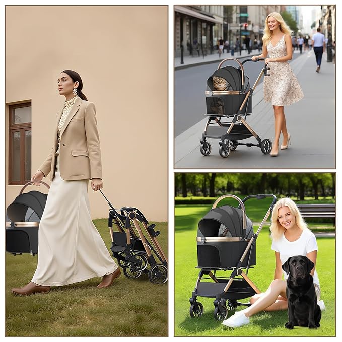 4 Wheels Pet Stroller for Small Medium Dogs Cats Up to 45 lbs Folding Dog Stroller with Detachable Breathable Carrier Suitable for Car Seat, Hand Carry & Travel, All Terrain, 3 in 1 Multifunctional