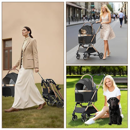 4 Wheels Pet Stroller for Small Medium Dogs Cats Up to 45 lbs Folding Dog Stroller with Detachable Breathable Carrier Suitable for Car Seat, Hand Carry & Travel, All Terrain, 3 in 1 Multifunctional