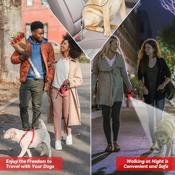 Heavy Duty Retractable Dog Leash for Large Dogs, 26ft Dog Leash with Poop Bag Holder, Up to 110lbs, chew Proof Cable, LED Light, 360° No-Tangle, One-Handed Pause & Locked. (Red, L 26ft)