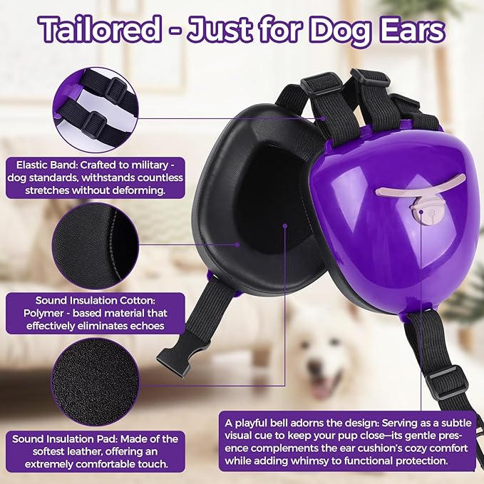 New Dog Ear Muffs for Noise Protection - 30dB NRR Dog Headphones, Noise Cancelling Hearing Protection Against Thunder/Fireworks/Vacuums, Upgraded Design with Bell Accent (Purple, Large)