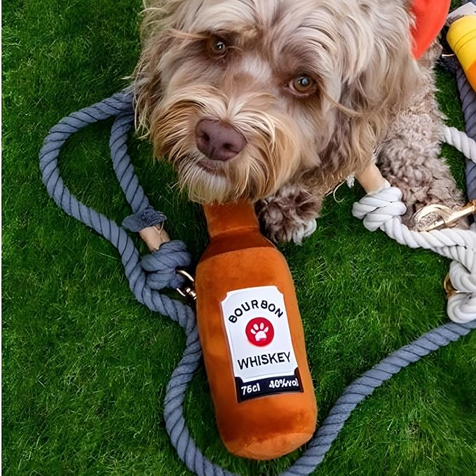 Glow Pups Whiskey Dog Toy with Squeaker, Fun Alcohol Parody Plush for Puppy Playtime, Interactive & Engaging Whiskey Plush, Funny Dog Toys, Ideal Dogs, Classic Multicolor Style, 26 CM