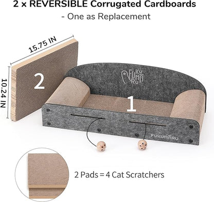 FUKUMARU 26 Inch Large Cat Scratcher Bed, 2 Reversible Cardboard Cat Scratch Pads Refill for Indoor Cats, Durable Cats Scratching Bed Sofa Couch Lounger with Fun Toys, Furniture Protector, Grey