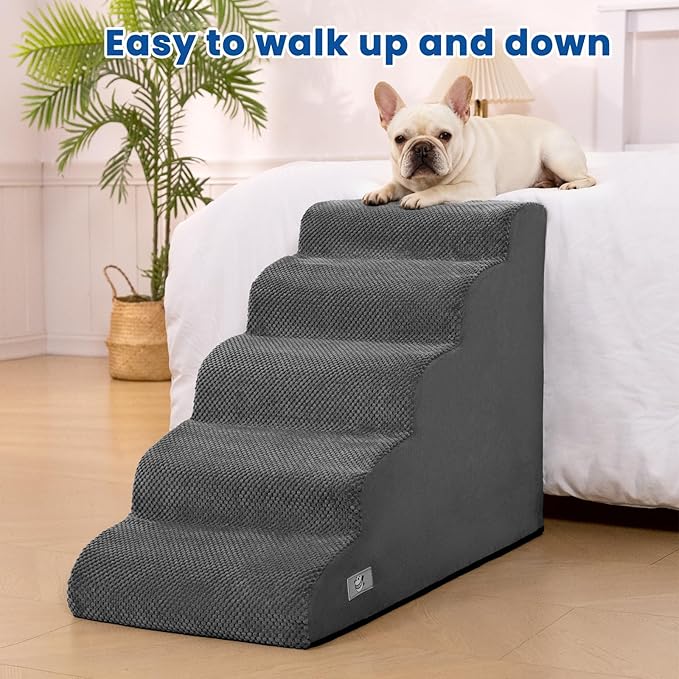 5 Step Dog Stairs for High Bed – Pet Steps for Small Dogs, Non-Slip Dog Ramp with Washable Cover, Pet Ladder for High Beds,Grey