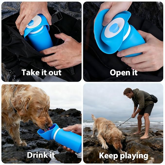 Jalopink Portable Dog Water Bottle, 2-in-1 Leak Proof & Collapsible Silicone Pet Dispenser with Built-in Bowl, Food Grade Travel Cup for Walking, Hiking (19oz/550ml, Blue)