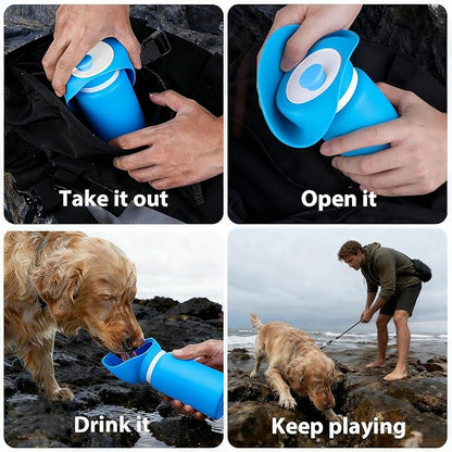 Jalopink Portable Dog Water Bottle, 2-in-1 Leak Proof & Collapsible Silicone Pet Dispenser with Built-in Bowl, Food Grade Travel Cup for Walking, Hiking (19oz/550ml, Blue)