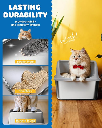 2-Pack Stainless Steel Cat Litter Box for Kitty with Scoops, Non-Stick & Easy-to-Clean Metal Cat Litter Box with Leakproof Enclosure, Grey