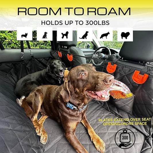 Dog Car Seat Cover for Back Seat | Universal Hard Bottom Back Seat Extender for Car, Truck, SUV | Waterproof Cargo and Truck Bed Protector Hammock with Storage Pockets for Medium & Large Dogs