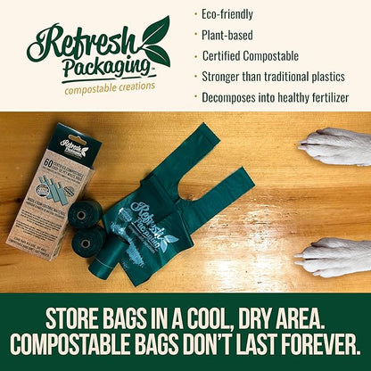 Pet Compost Waste Bags - 100% Certified Compost Dogs Poop Bag - Garbage Holder With Handles - Cat & Dog Poo Litter Disposable Bag - 2 Pack - 60 Bags Per Box