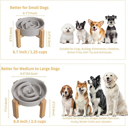 Elevated Slow Feeder Dog Bowl - Puzzle Maze Dish with Bamboo Stand - Raised Ceramic Food Bowl for Medium and Large Dogs - Grey - 8.8 inch