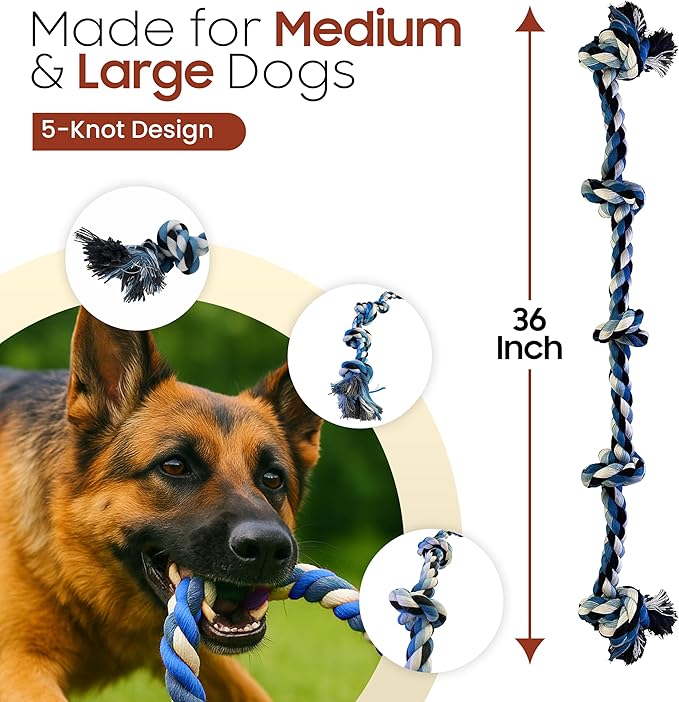 Pup Quartet Dog Rope Toy for Aggressive Chewers – 36-Inch Tug of War Dog Toy – 5-Knot Heavy Duty Rope Toys for Dogs – Virtually Indestructible Chew Toys for Medium & Large Dogs