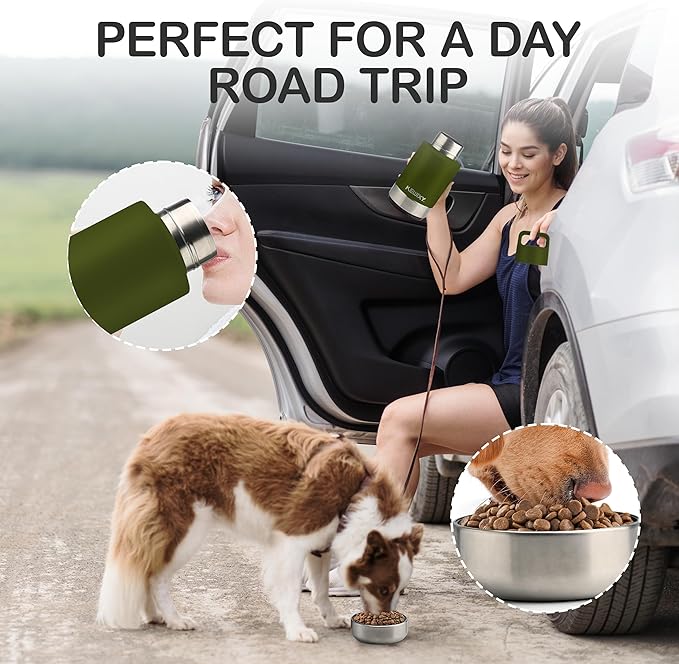 KEWIXY Insulated Dog Travel Water Bottle with Detachable Bowls, 3 in 1 Portable Dog Water Bottle Dispenser, Dog Accessories for Walking, Hiking, Camping, Outdoor (Olive Green, 32 Oz)