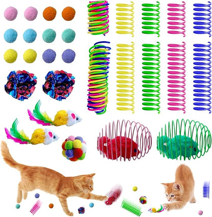 27Pcs Cat Toys Variety Pack for Indoor Cats, Interactive Spring Cage Mice & Small Mice, Plush Balls, Crinkle Balls, Colorful Springs, Cat Chew Chase Play Set for Boredom Relief & Self Play